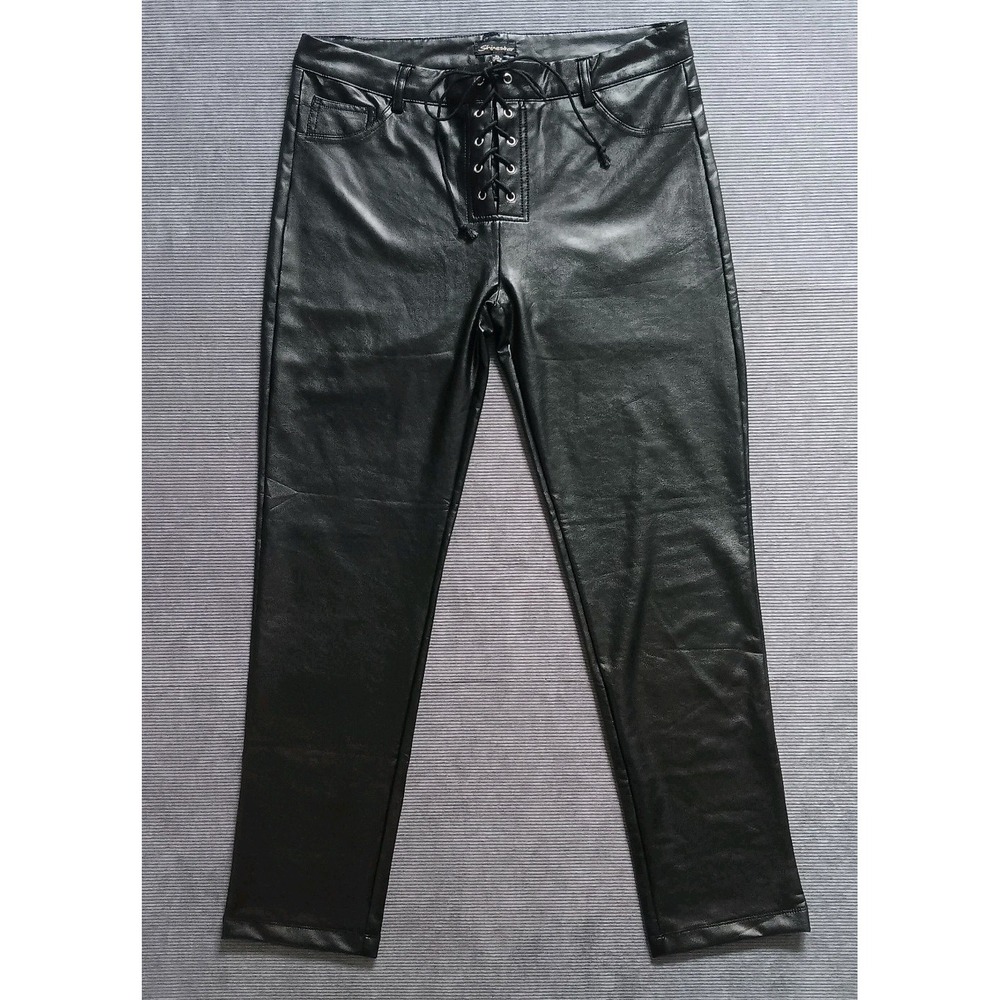 NWT Shinestar Women's Tie Front Black Faux Leather High Waist Pants XL - Picture 3 of 11